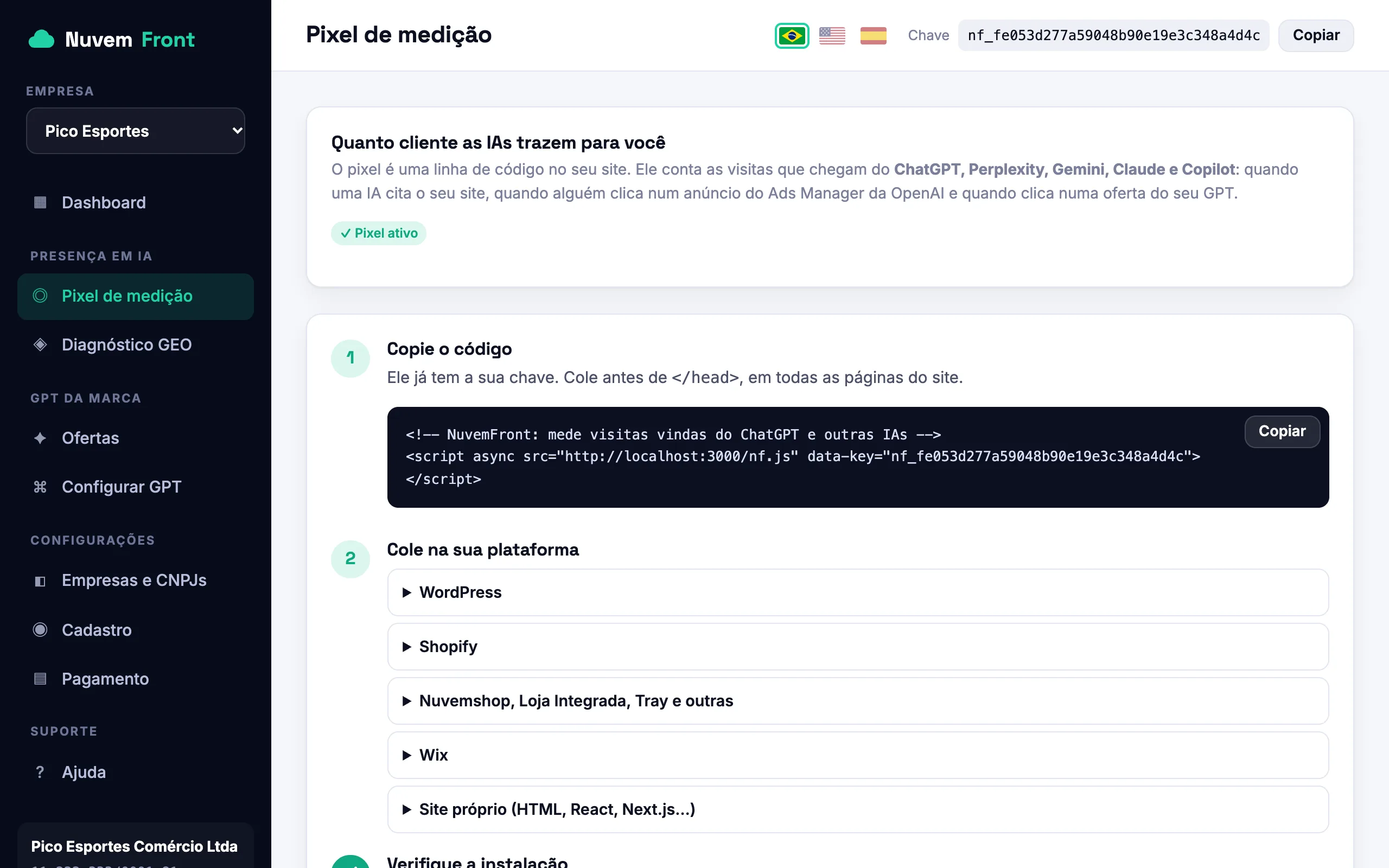 Tela Pixel de medição com o código pronto para copiar, instruções por plataforma e verificação da instalação